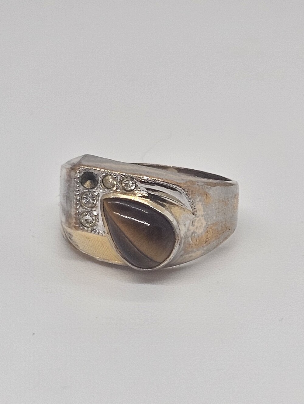 Gold Filled Ring with Teardrop Brown Stone and Clear Accents